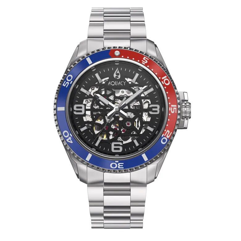 Aquacy Hei Matau Skeleton Watch 200M Black Dial Blue/Red Bezel Men's Automatic