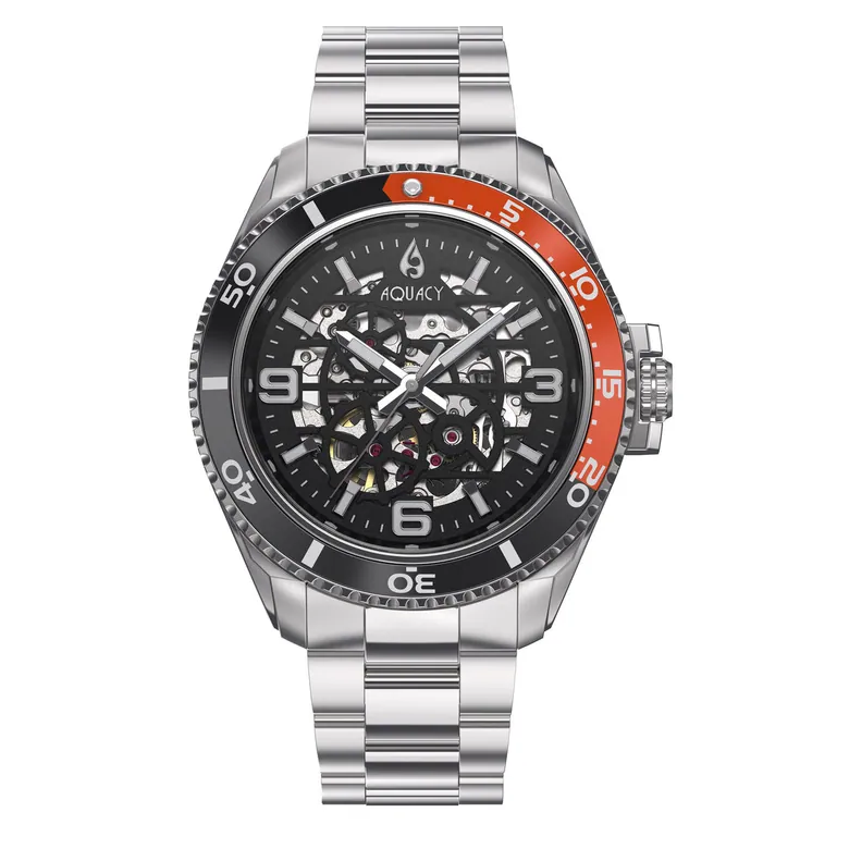 Aquacy Hei Matau Skeleton Watch 200M Black Dial Orange Bezel Men's Automatic