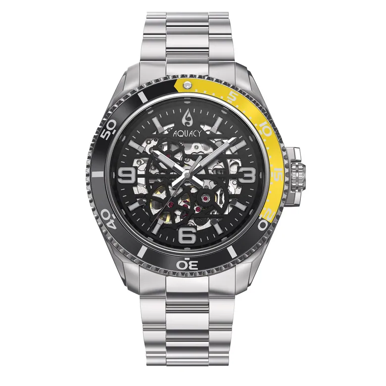 Aquacy Hei Matau Skeleton Watch 200M Black Dial Yellow  Bezel Men's Automatic