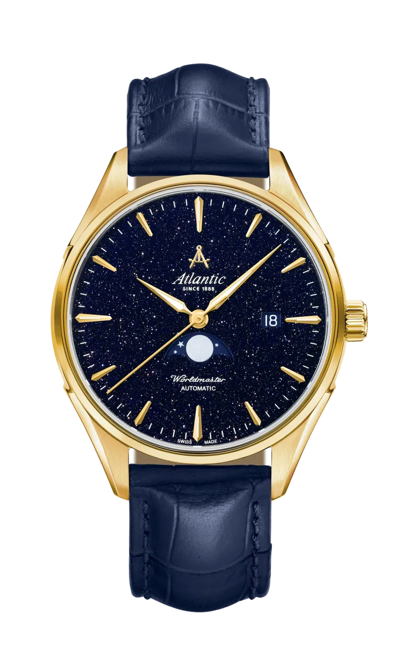 Atlantic Worldmaster Nightsky Moonphase | Yellow Gold PVD with Blue Aventurine Stone Dial and Leather Strap