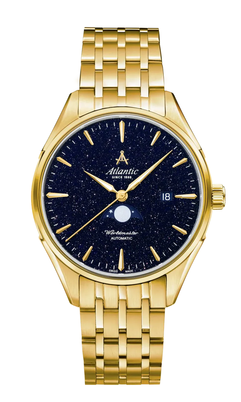 Atlantic Worldmaster Nightsky Moonphase | Yellow Gold PVD with Blue Aventurine Stone Dial