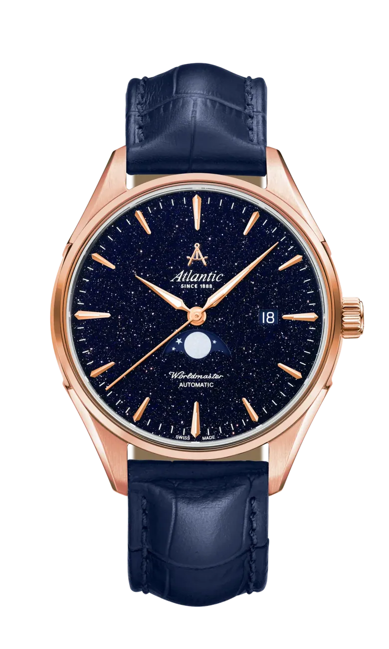 Atlantic Worldmaster Nightsky Moonphase | Rose Gold with Blue Aventurine Stone Dial and Leather Strap