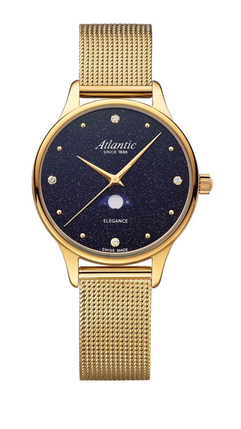 Elegance Nightsky Aventurine with Moonphase | Yellow Gold on Mesh Bracelet