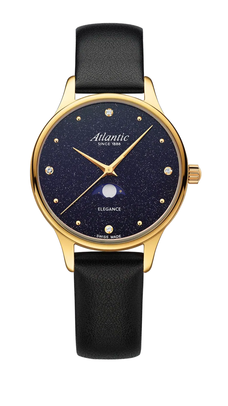 Elegance Nightsky Aventurine with Moonphase | Yellow Gold on Leather