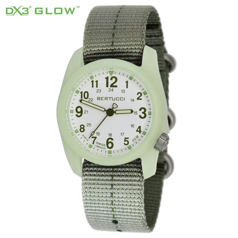 DX3® Glow™ - White w/ Green Dial, Defender Drab™ w/ Olive Dash Line™ Nylon Band #11028