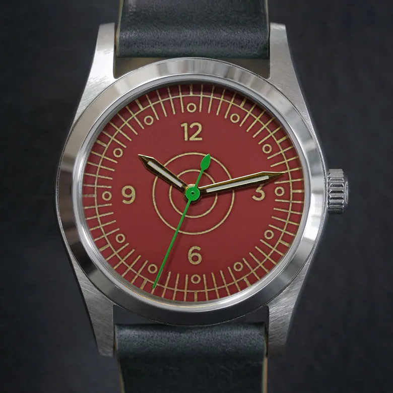 Intaglio 36 Midsize: “369” Brass & Brick Red Dial