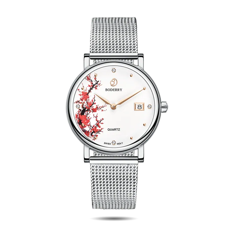 FLOWER - Swiss Quartz Movement Watch | Silver &amp; Plum Blossom