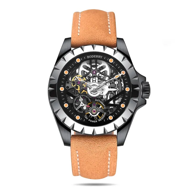 WINDMILL - Original Skeleton Hi-beat(28,800 bph) with 72 hrs Power-reserve Automatic Watch | Black Dial &amp; Orange Leather Strap