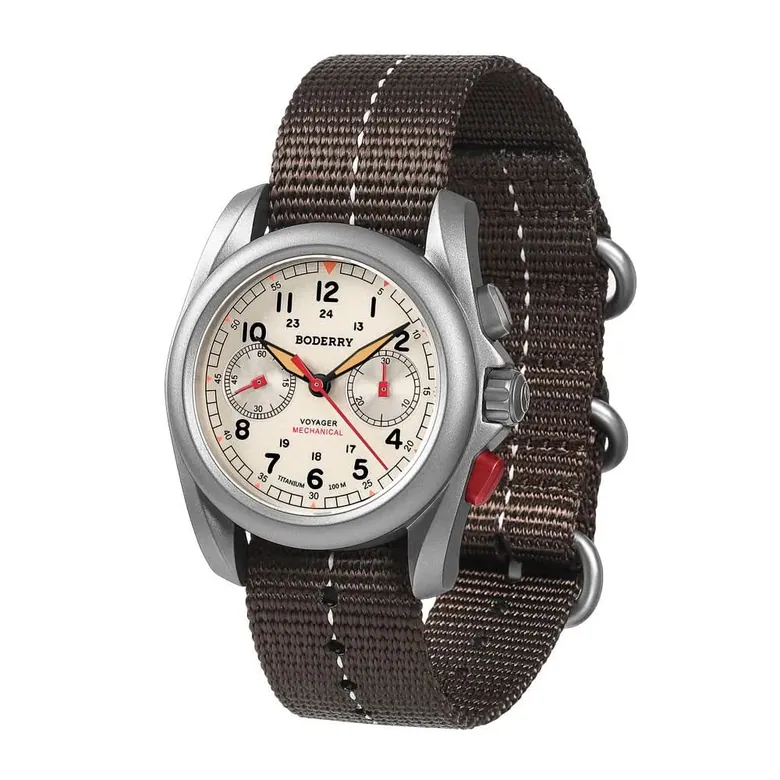 VOYAGER Chronograph - Titanium Mechanical Field Watch, 100M Water Resistant | Cream/Bracelet