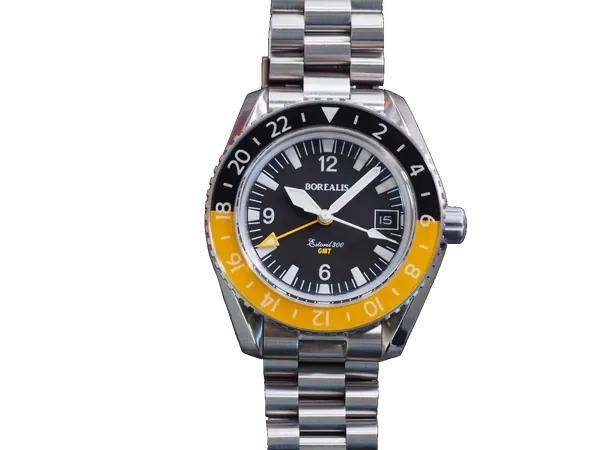 Borealis Estoril 300 GMT Black Dial Arabic Numbers Date Yellow Bezel Version A