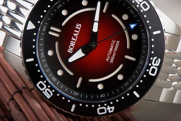 Borealis Neptuno Red Fade to Black Dial No Date NH38 Automatic Movement 300m Diver Watch