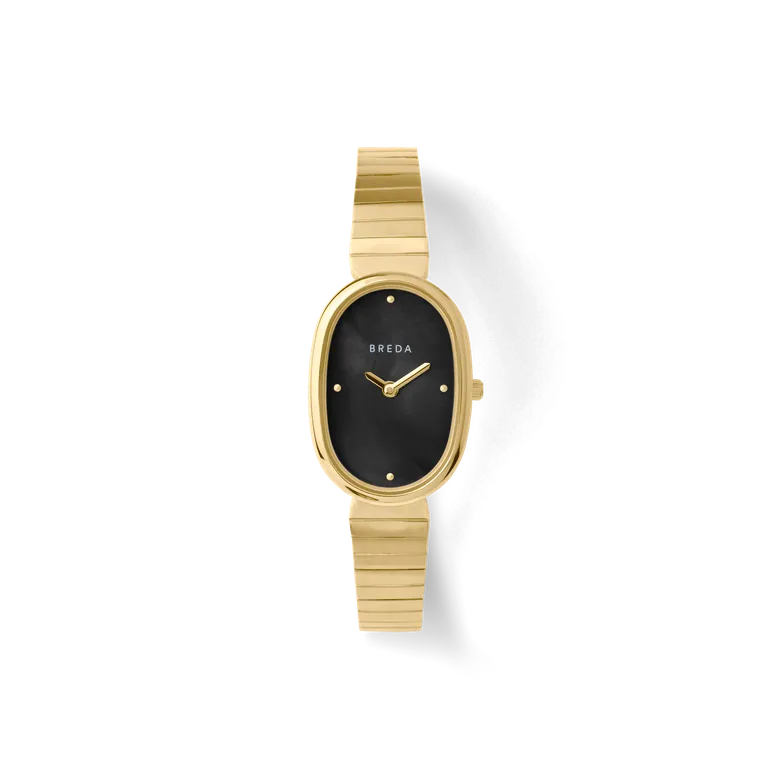Jane | Metal Oval Watch | 23mm Oval Case | Midnight Black Mother Of Pearl Dial &amp; Gold-Plated Stainless Steel Bracelet | BREDA Watch