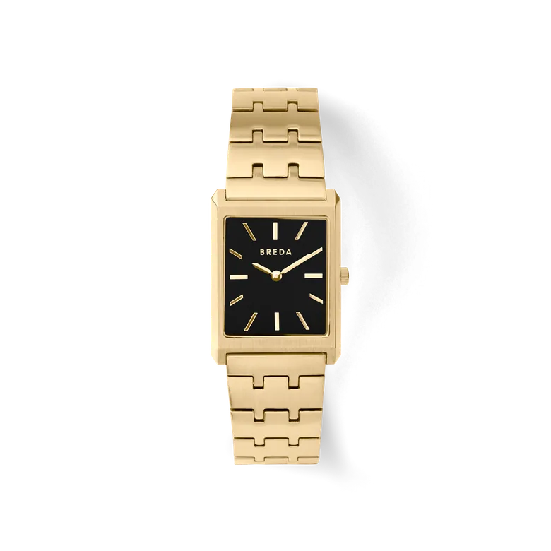 Virgil (Metal) | A Slim 26mm 18K Gold-Plated Rectangle Case | Tapered bracelet. Fastens With A Pusher Clasp | Midnight Black Brushed Dial | BREDA Watch