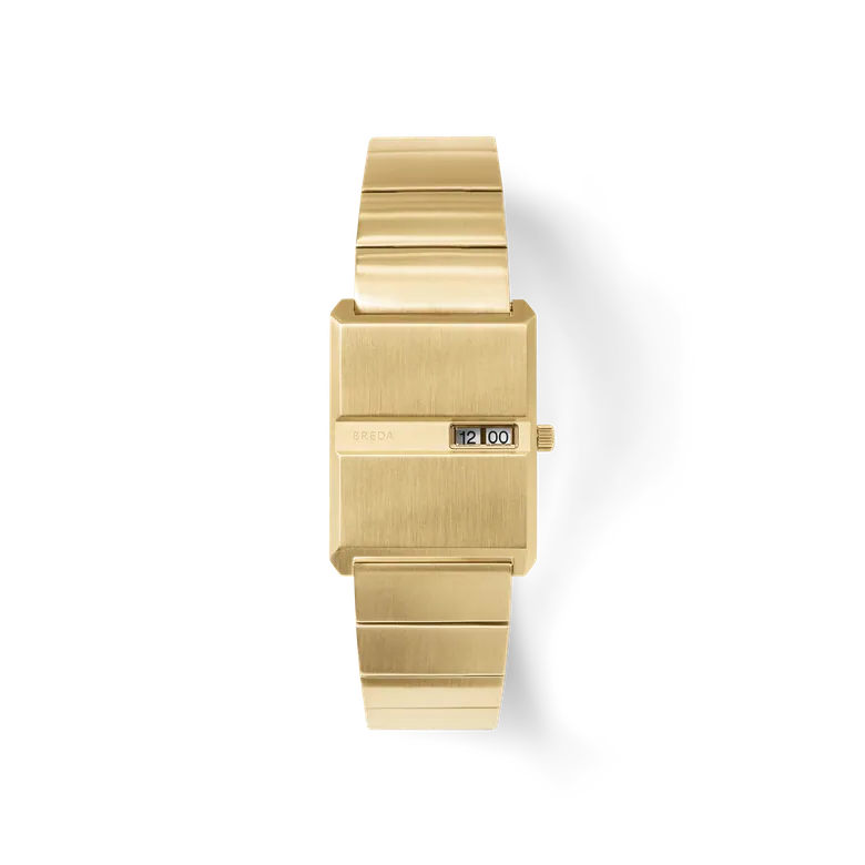 Pulse | A Slim 26mm 18K Gold-Plated Stainless Steel Rectangle Case | Slim numerical display | Refined Sleek Edges Meet A Tapered Bracelet | Pusher Clasp | BREDA Watch