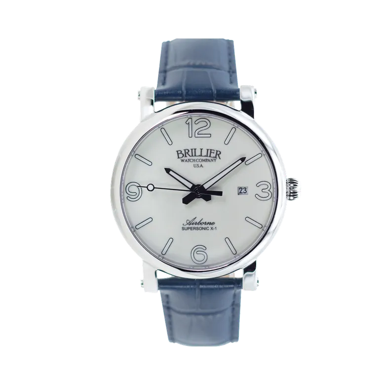 Brillier Automatic 42hr Pilot Watch – Ivory Dial Blue Strap