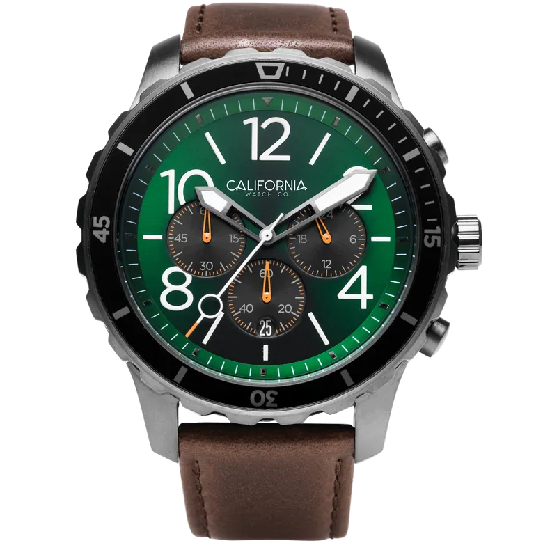 Mavericks Chrono Leather Dark Brown Green | California Watch Co.