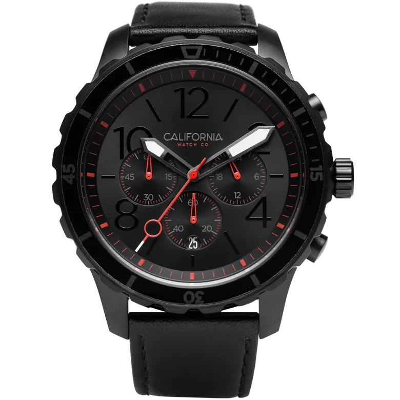 Mavericks Chrono Leather All Black Red | California Watch Co.