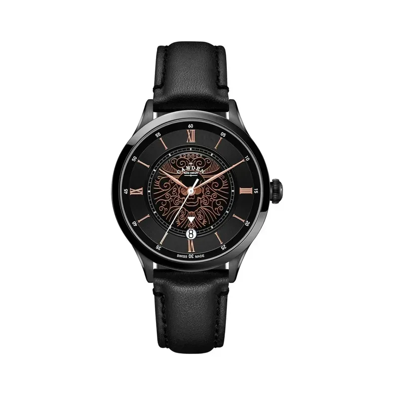 No.274 Swiss Automatic Memento Mori on Black Italian Leather