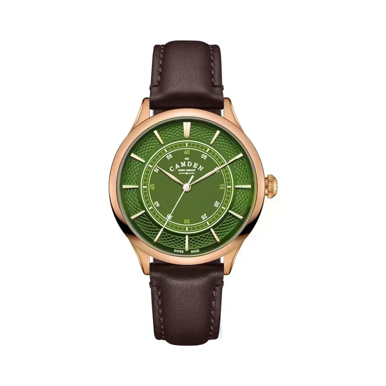 No.274 Swiss Made Quartz Rose Gold and Green on Brown Italian Leather