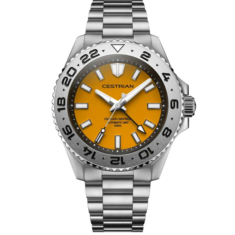 Cestrian Ocean Series GMT 42mm Yellow Dial Steel Bracelet Automatic Men's Watch