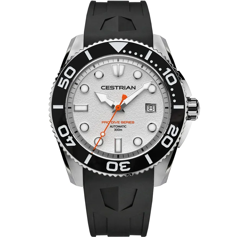 Cestrian Pro Dive Series 42mm White Dial Silicone Strap Automatic 300m Men's Watch