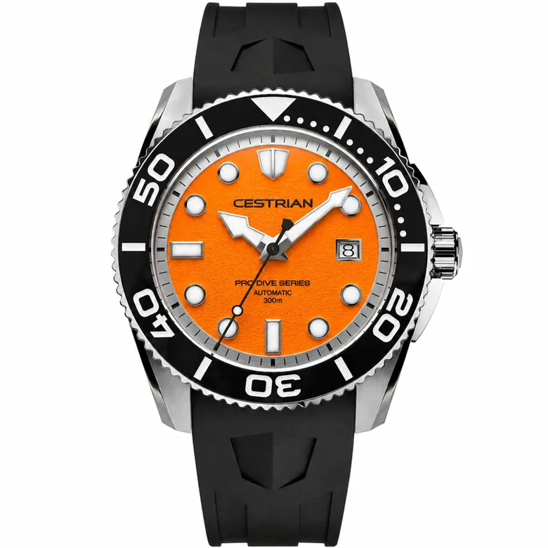 Cestrian Pro Dive Series 42mm Orange Dial Silicone Strap Automatic 300m Men's Watch