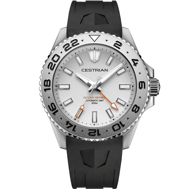 Cestrian Ocean Series GMT 42mm Silver White Dial Silicone Strap Automatic Men's Watch