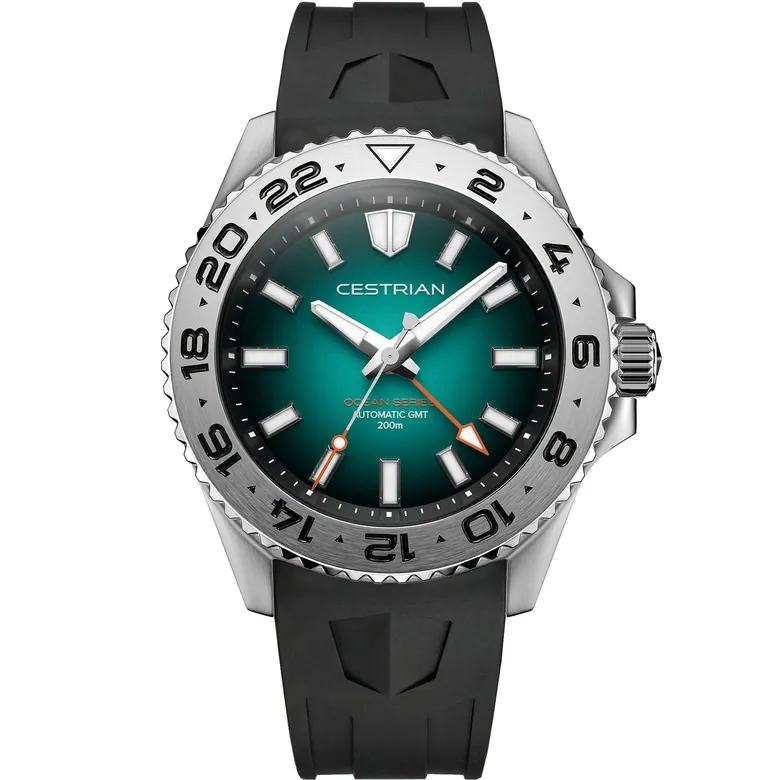 Cestrian Ocean Series GMT 42mm Green Fumé Dial Silicone Strap Automatic Men's Watch