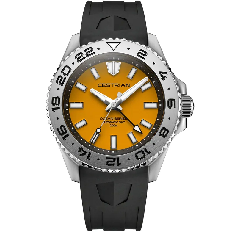Cestrian Ocean Series GMT 42mm Yellow Dial Silicone Strap Automatic Men's Watch