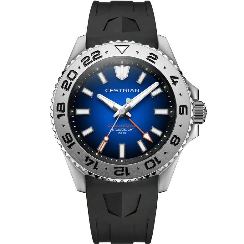 Cestrian Ocean Series GMT 42mm Blue Fumé Dial Silicone Strap Automatic Men's Watch