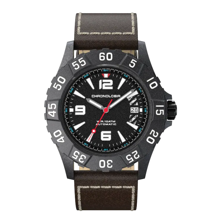 Chronologia Climber Satin Black with Brown Leather Strap
