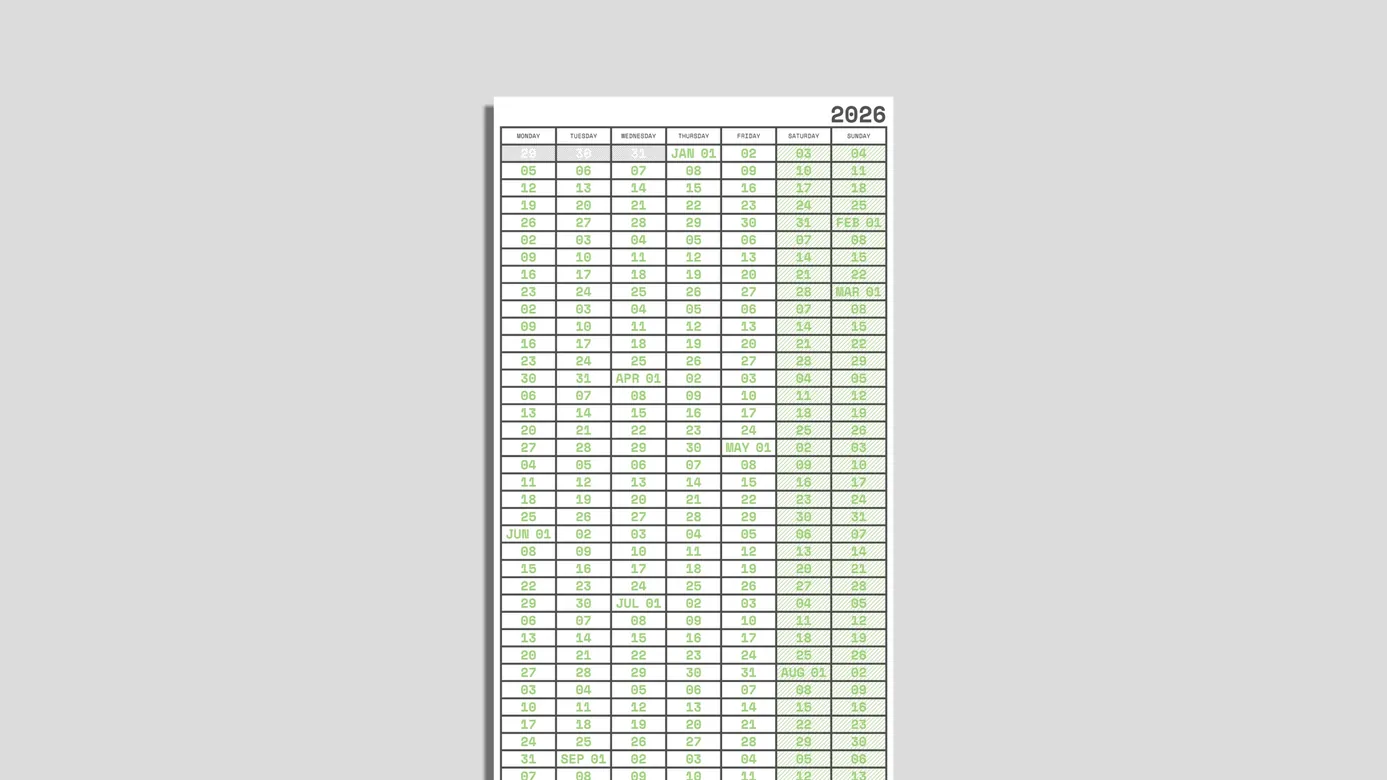 Annual Week View Calendar