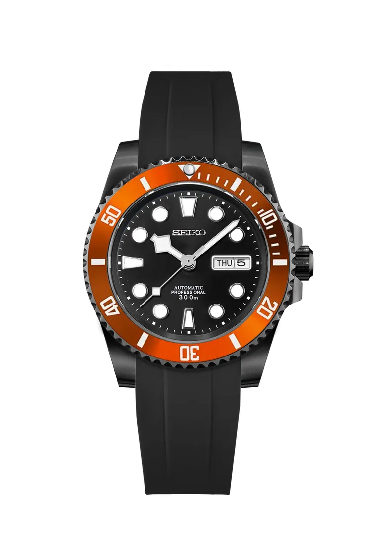 Seiko Submariner Mod Black Dial, Orange Bezel