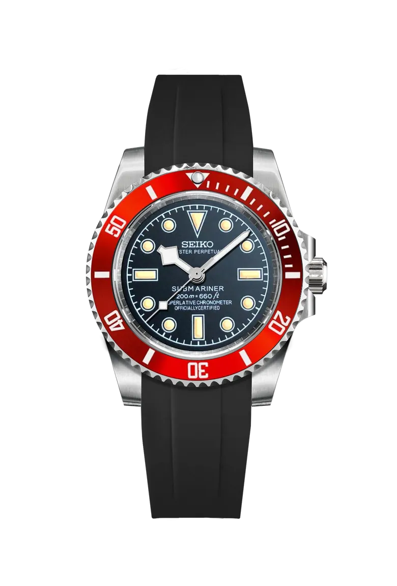 Seiko Submariner Mod Black Dial, Red Bezel