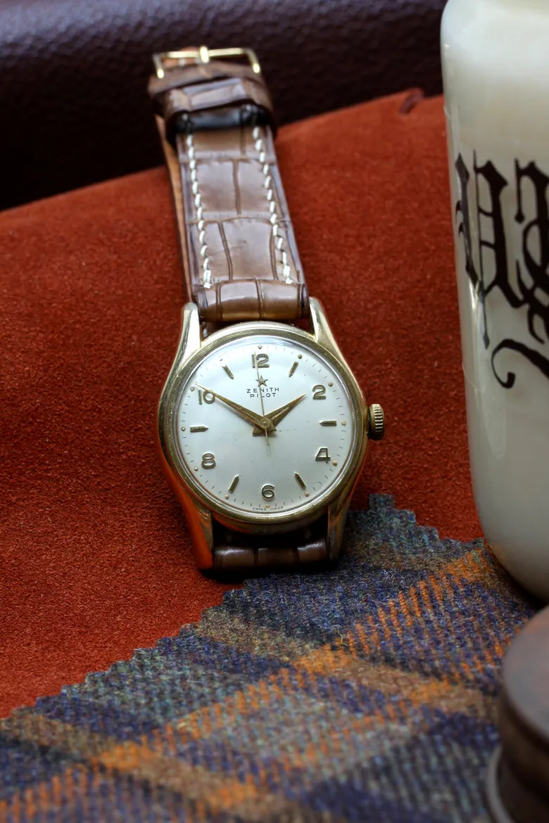 1950's Zenith Pilot watch with Alligator strap. Vintage Zenith Watch