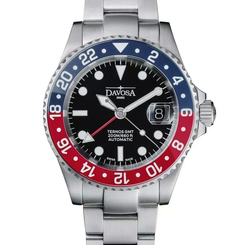 DAVOSA Ternos GMT 40mm Automatic - Swiss Made Dual Time Zone Diver’s Watch - Blue and Red with Loupe Ref. 161.564.60