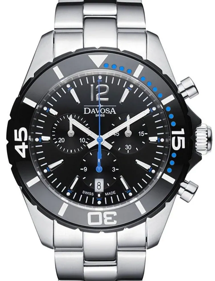 Davosa Swiss Nautic Star Chrono 16347345 Mens Wrist Watch Stainless Steel, Black