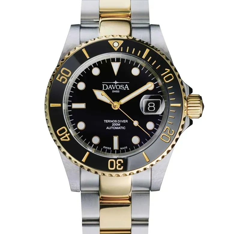 Ternos Diver Automatic Two-Tone 200m Swiss-Made Gold and Black Unisex Diver Watch 161.553.50 With Loupe