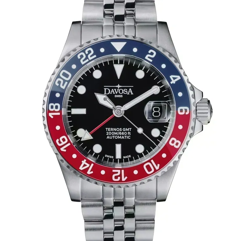 DAVOSA Ternos GMT 40mm Automatic - Swiss Made Dual Time Zone Diver’s Watch - Blue and Red with Loupe Ref. 161.564.06