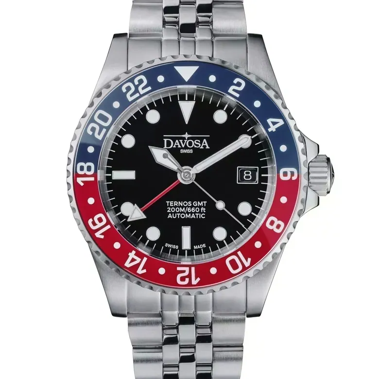 DAVOSA Ternos GMT 40mm Automatic - Swiss Made Dual Time Zone Diver’s Watch - Blue and Red without Loupe Ref. 161.563.06