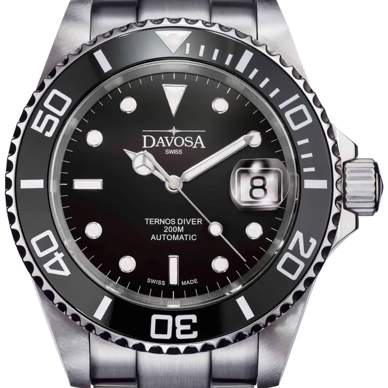 Davosa Swiss Ternos 16155550 Diver Analog Men Wrist Watch Steel Band Black Face