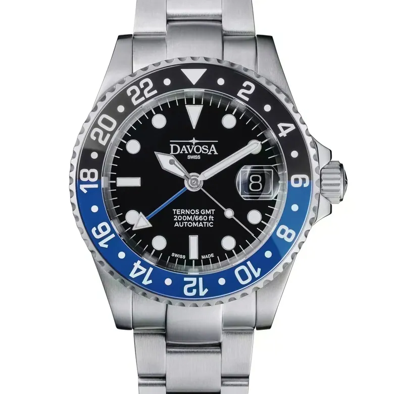 DAVOSA Ternos GMT 40mm Automatic - Swiss Made Dual Time Zone Diver’s Watch - Blue and Black with Loupe Ref. 161.564.40