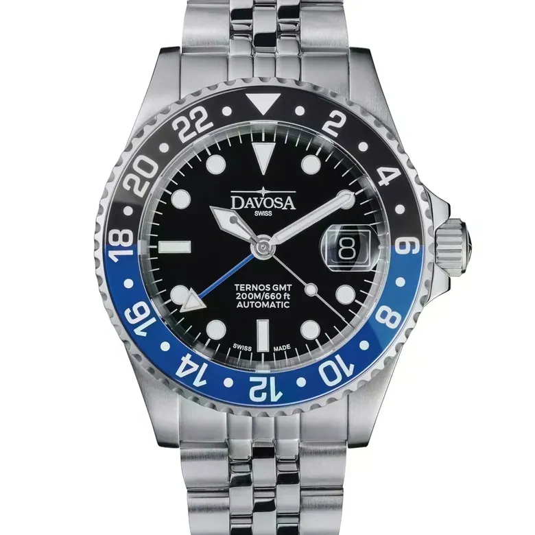 DAVOSA Ternos GMT 40mm Automatic - Swiss Made Dual Time Zone Diver’s Watch - Blue and Black with Loupe Ref. 161.564.04