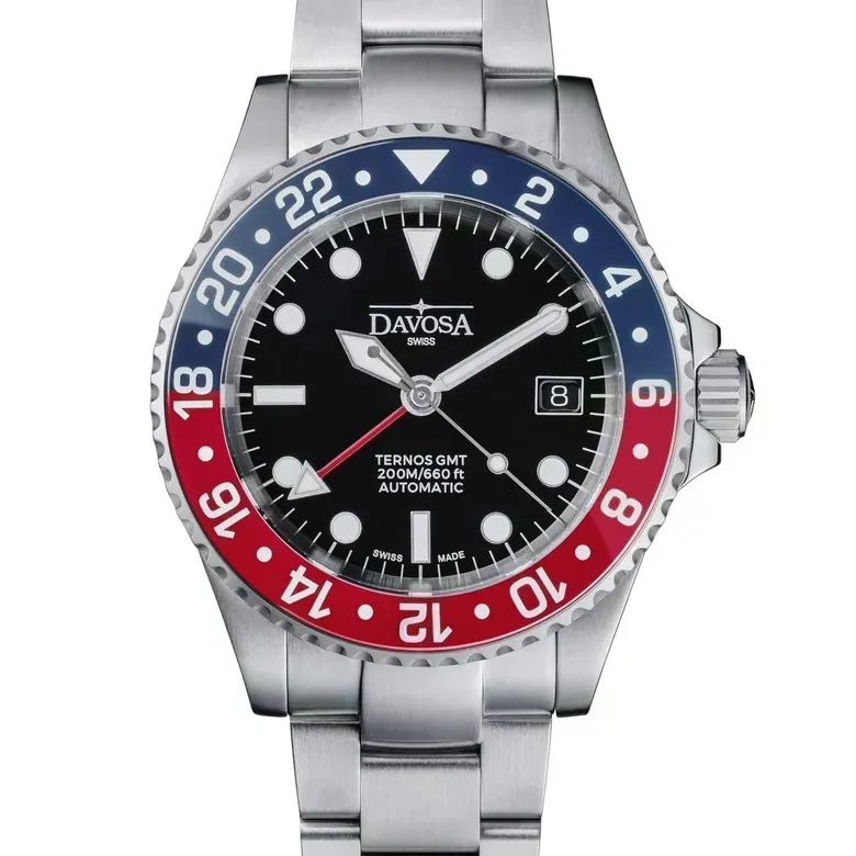 DAVOSA Ternos GMT 40mm Automatic - Swiss Made Dual Time Zone Diver’s Watch - Blue and Red without Loupe Ref. 161.563.60