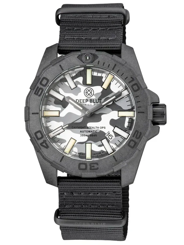 Daynight Stealth Ops Carbon Case White Grey Camo Dial 6 Color Flat Tritium Tubes Automatic Watch Screw Down Crown