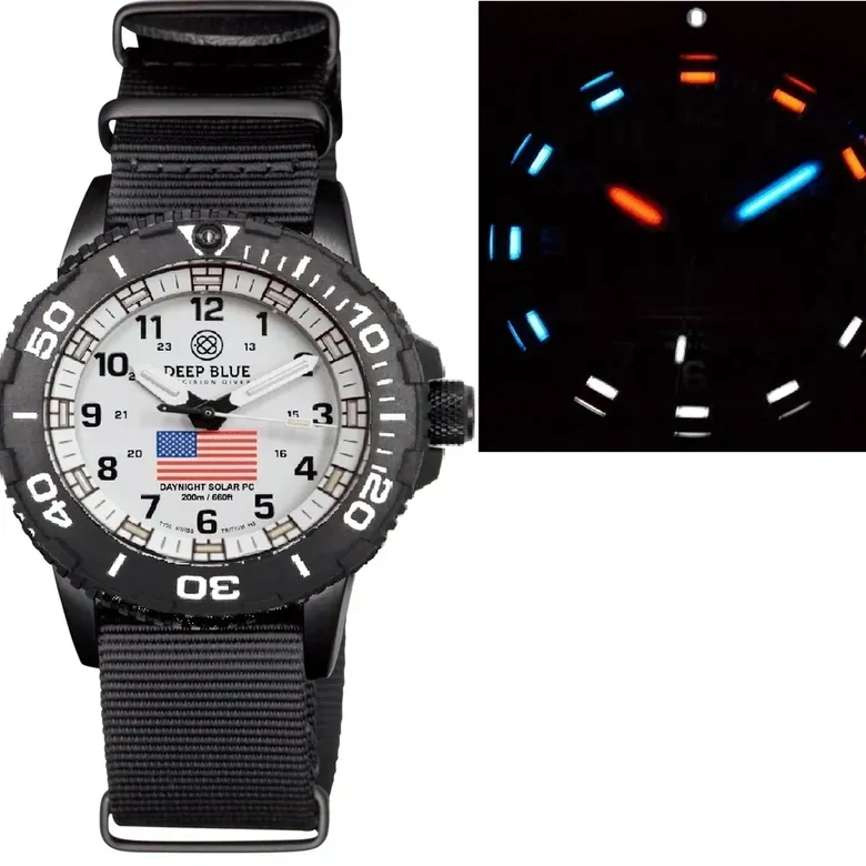 Daynight 43mm Diver Solar Powered PC USA Tritium Watch- Black/White Bezel - White Dial USA Flag 3 Color Tritium Tubes Wh