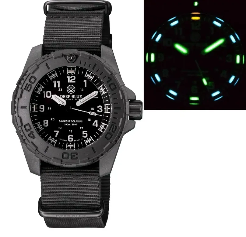 Daynight 43mm Diver Solar Powered PC Tritium Watch- Stealth Bezel - White Numbers White Hands 3 Color Tritium Tubes St