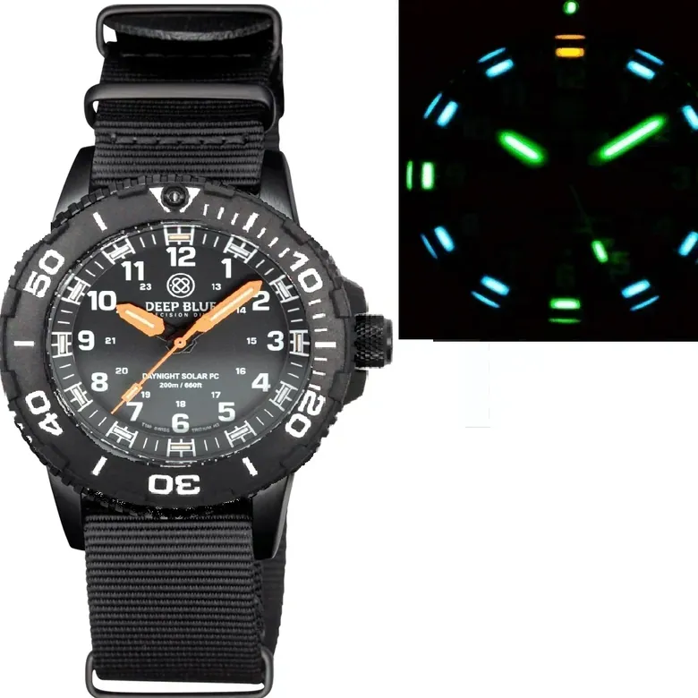 Daynight 43mm Diver Solar Powered PC Tritium Watch- Black White Bezel - Black Dial - White Numbers - Orange Hands 3 Colo