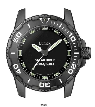 Lumex 43mm Diver Solar Powered PC Tritium Watch-Black/White Bezel - White Numbers White Hands 3 Color Tritium Tubes St
