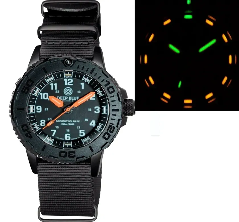 Daynight 43mm Diver Solar Powered PC Tritium Watch- Stealth Bezel - Black Dial - White Numbers - Orange Hands 2 Color Tr